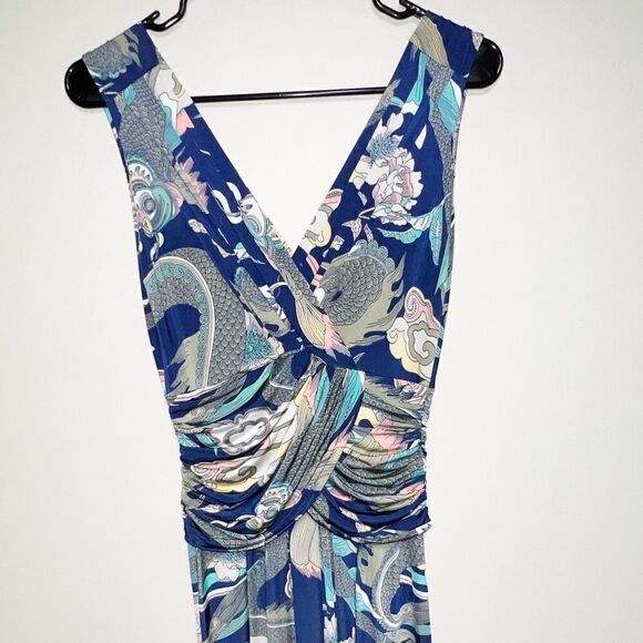 Onjenu London Koi Fish Sleeveless V Neck Navy Jersey Maxi Dress Size 4 - Picture 3 of 5